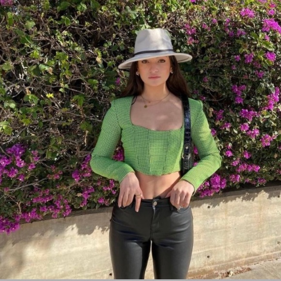 NWT Zara Houndstooth Neon Green & Black Crop Top Medium M Gorgeous Top - Picture 5 of 9